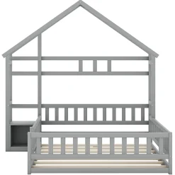 Lit Cabane 140 x 190 cm - Lit enfant avec Balustrade et Tables de Chevet - Bois + MDF - Sans Matelas - Gris