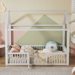 Lit Cabane 90 x 200 cm - Lit Simple avec Cadre en Bois et Sommier à Lattes - Pin + MDF - Sans Matelas - Blanc