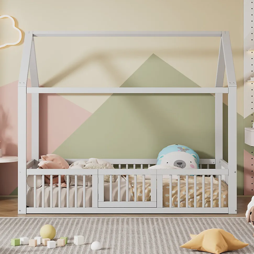 Lit Cabane 90 x 200 cm - Lit Simple avec Cadre en Bois et Sommier à Lattes - Pin + MDF - Sans Matelas - Blanc