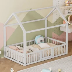 Lit Cabane 90 x 200 cm - Lit Simple avec Cadre en Bois et Sommier à Lattes - Pin + MDF - Sans Matelas - Blanc