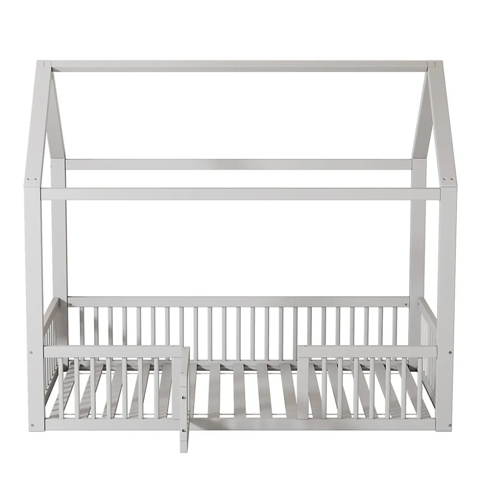 Lit Cabane 90 x 200 cm - Lit Simple avec Cadre en Bois et Sommier à Lattes - Pin + MDF - Sans Matelas - Blanc