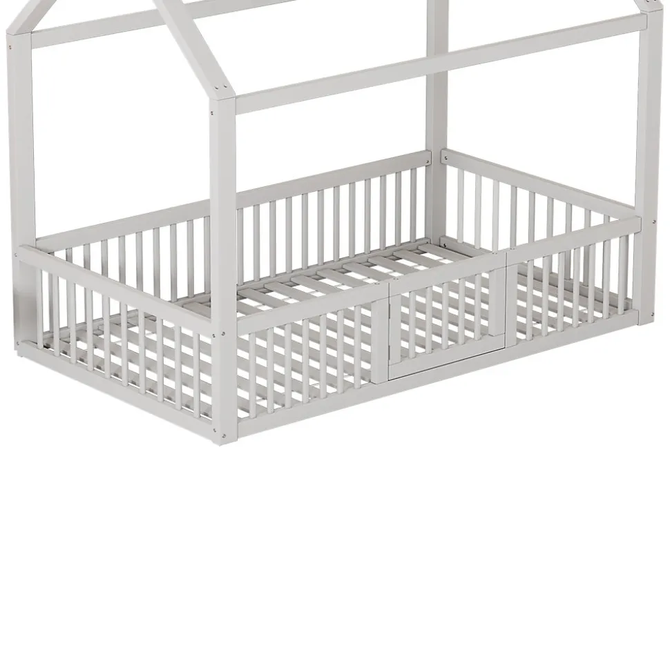 Lit Cabane 90 x 200 cm - Lit Simple avec Cadre en Bois et Sommier à Lattes - Pin + MDF - Sans Matelas - Blanc