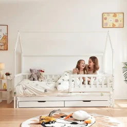 Lit cabane double Aarghonmaa avec matelas 90 x 200 cm blanc en.casa