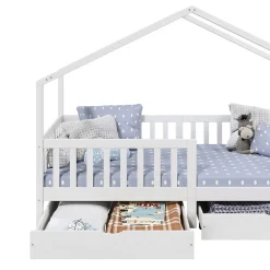 Lit cabane ELEA avec tiroirs, 90 x 200 cm en pin massif lasuré blanc