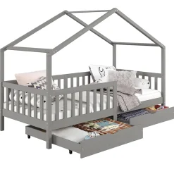 Lit cabane ELEA avec tiroirs, 90 x 200 cm en pin massif lasuré gris