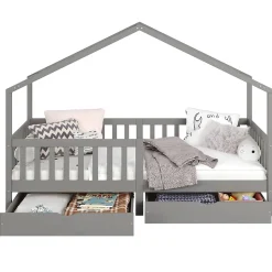 Lit cabane ELEA avec tiroirs, 90 x 200 cm en pin massif lasuré gris