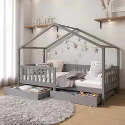 Lit cabane ELEA avec tiroirs, 90 x 200 cm en pin massif lasuré gris