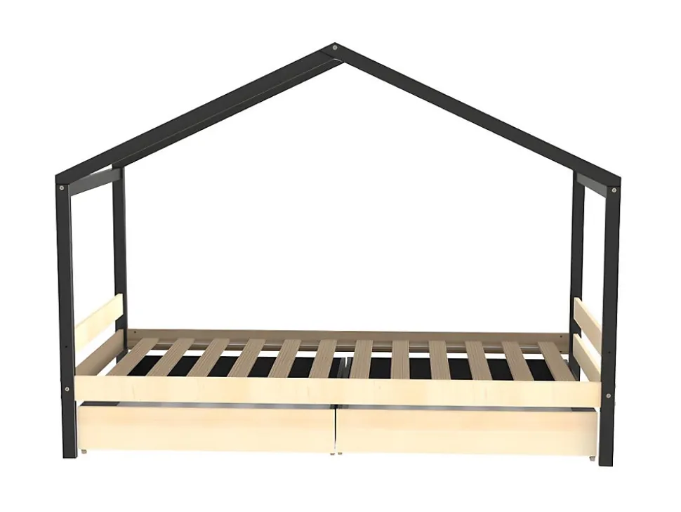 Lit cabane ELFIA - 2 tiroirs - 90 x 190 cm - Epicéa massif - Naturel et Noir