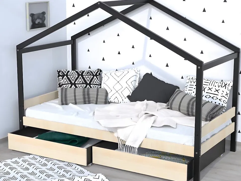 Lit cabane ELFIA - 2 tiroirs - 90 x 190 cm - Epicéa massif - Naturel et Noir