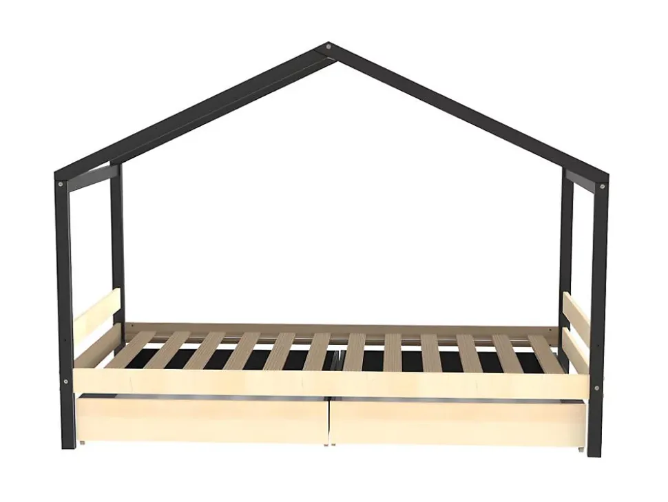 Lit cabane ELFIA - 2 tiroirs - 90 x 190 cm - Epicéa massif - Naturel et Noir