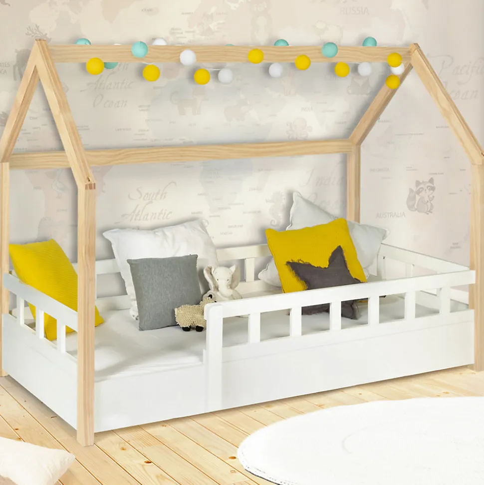 Lit cabane enfant 80 x 160 CM NEREE blanc et hêtre avec sommier et barrières