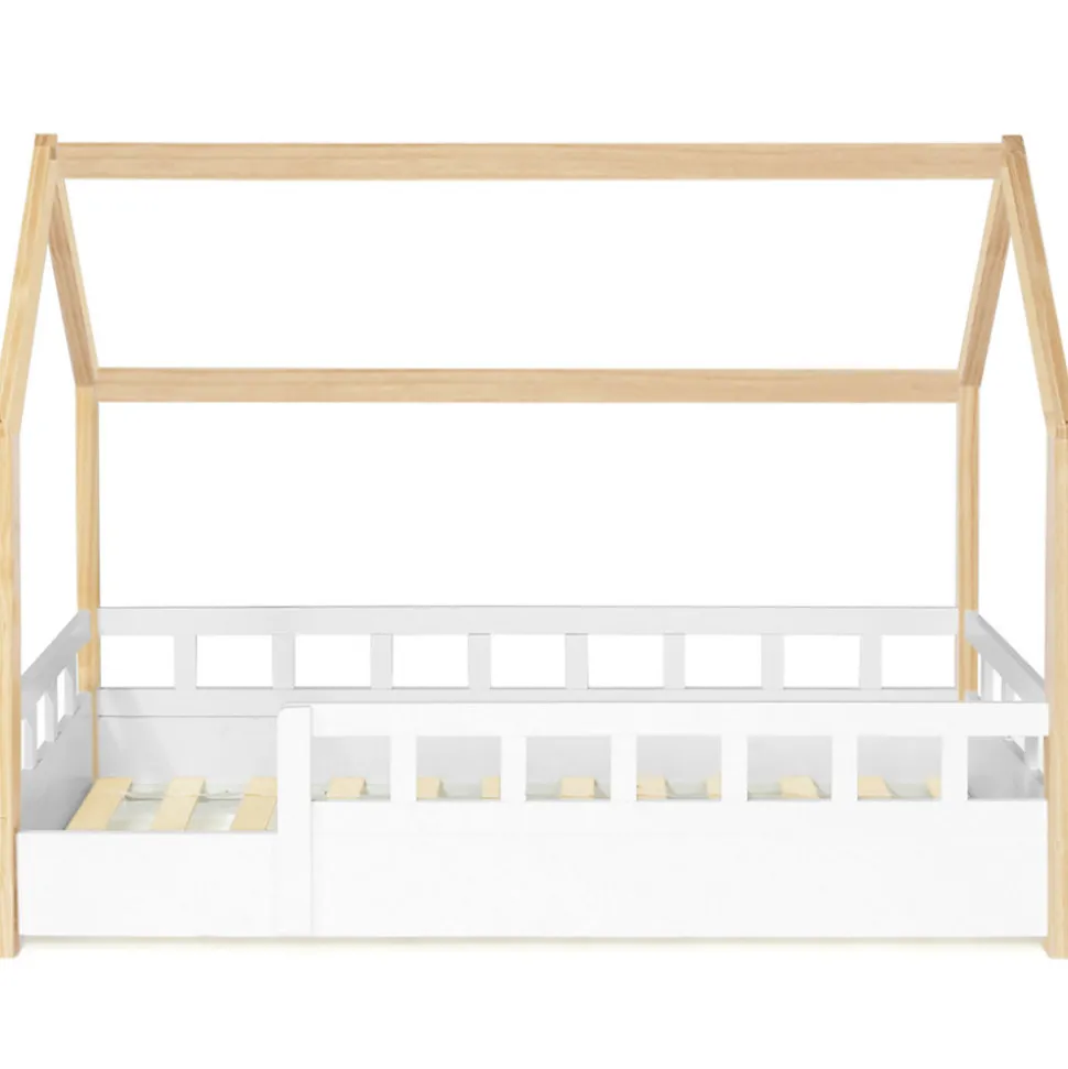 Lit cabane enfant 80 x 160 CM NEREE blanc et hêtre avec sommier et barrières