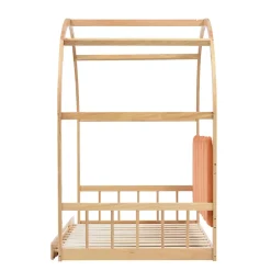 Lit cabane enfant extensible 140x100-200 cm avec lit gigogne, cadre en pin, coussins en velours, coloris bois naturel et orange