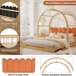 Lit cabane enfant extensible 140x100-200 cm avec lit gigogne, cadre en pin, coussins en velours, coloris bois naturel et orange