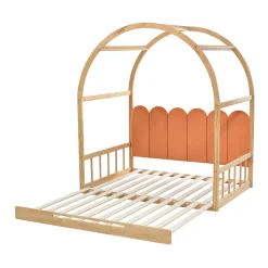 Lit cabane enfant extensible 140x100-200 cm avec lit gigogne, cadre en pin, coussins en velours, coloris bois naturel et orange