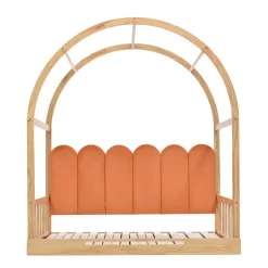 Lit cabane enfant extensible 140x100-200 cm avec lit gigogne, cadre en pin, coussins en velours, coloris bois naturel et orange