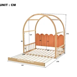 Lit cabane enfant extensible 140x100-200 cm avec lit gigogne, cadre en pin, coussins en velours, coloris bois naturel et orange