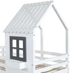 Lit Cabane enfant 90x200 cm - Lit Superposé avec Fenêtres et Garde-Corps Sécurisé, Maison en Pin Massif, Sans Matelas - Blanc