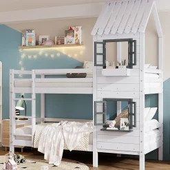 Lit Cabane enfant 90x200 cm - Lit Superposé avec Fenêtres et Garde-Corps Sécurisé, Maison en Pin Massif, Sans Matelas - Blanc