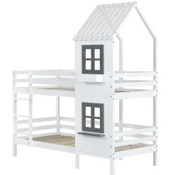 Lit Cabane enfant 90x200 cm - Lit Superposé avec Fenêtres et Garde-Corps Sécurisé, Maison en Pin Massif, Sans Matelas - Blanc