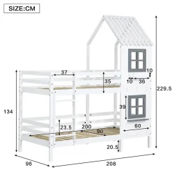 Lit Cabane enfant 90x200 cm - Lit Superposé avec Fenêtres et Garde-Corps Sécurisé, Maison en Pin Massif, Sans Matelas - Blanc