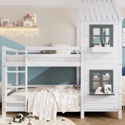 Lit Cabane enfant 90x200 cm - Lit Superposé avec Fenêtres et Garde-Corps Sécurisé, Maison en Pin Massif, Sans Matelas - Blanc