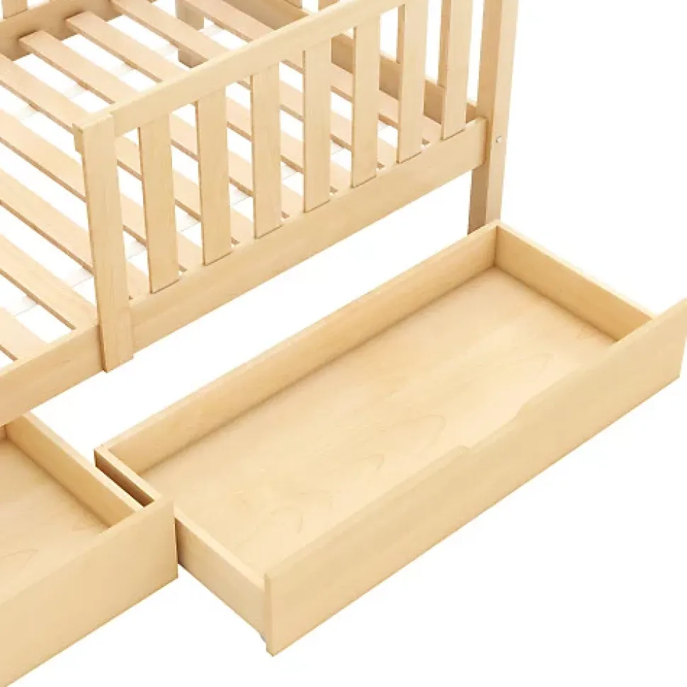 Lit cabane enfant 90x200cm - avec 2 tiroirs - bois massif avec sommier à lattes - naturel (sans matelas)