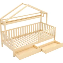 Lit cabane enfant 90x200cm - avec 2 tiroirs - bois massif avec sommier à lattes - naturel (sans matelas)