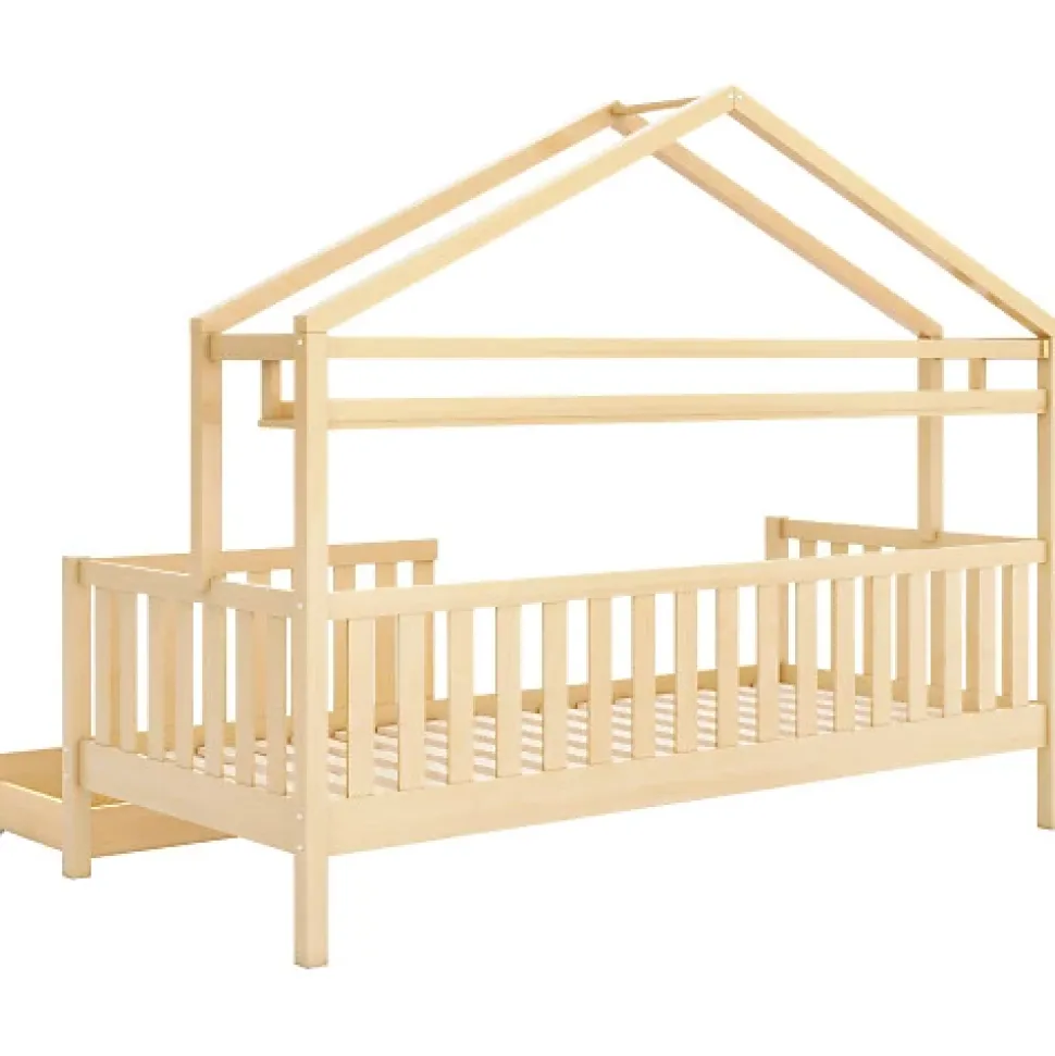 Lit cabane enfant 90x200cm - avec 2 tiroirs - bois massif avec sommier à lattes - naturel (sans matelas)