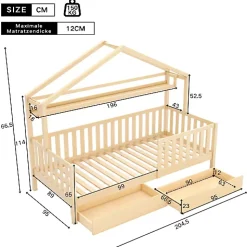 Lit cabane enfant 90x200cm - avec 2 tiroirs - bois massif avec sommier à lattes - naturel (sans matelas)