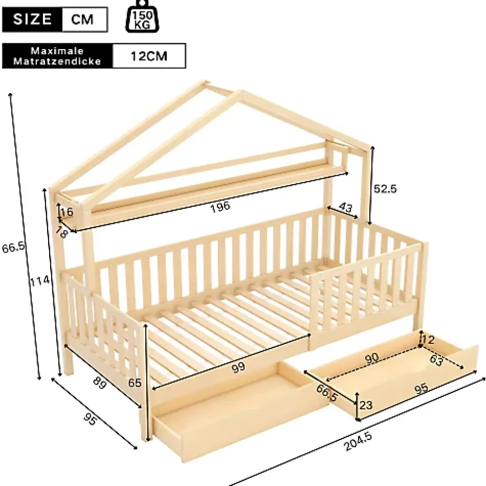 Lit cabane enfant 90x200cm - avec 2 tiroirs - bois massif avec sommier à lattes - naturel (sans matelas)