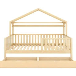 Lit cabane enfant 90x200cm - avec 2 tiroirs - bois massif avec sommier à lattes - naturel (sans matelas)