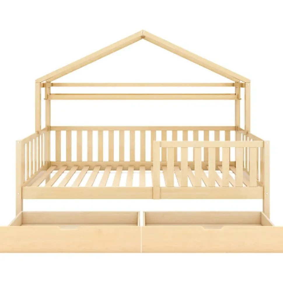 Lit cabane enfant 90x200cm - avec 2 tiroirs - bois massif avec sommier à lattes - naturel (sans matelas)
