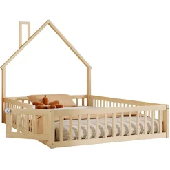 Lit cabane enfant 140x190cm - sommier à lattes - 1 porte - naturel (matelas non inclus)