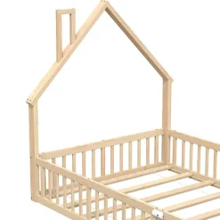 Lit cabane enfant 140x190cm - sommier à lattes - 1 porte - naturel (matelas non inclus)