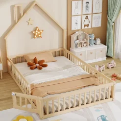 Lit cabane enfant 140x190cm - sommier à lattes - 1 porte - naturel (matelas non inclus)