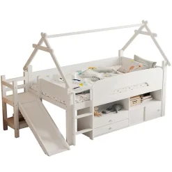 Lit cabane enfant 90x200cm - toboggan - 2 tiroirs - barrières de sécurité - blanc (matelas non inclus)