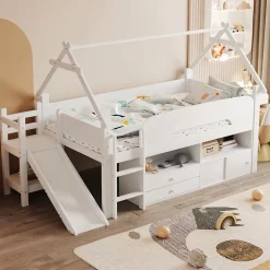 Lit cabane enfant 90x200cm - toboggan - 2 tiroirs - barrières de sécurité - blanc (matelas non inclus)