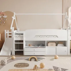 Lit cabane enfant 90x200cm - toboggan - 2 tiroirs - barrières de sécurité - blanc (matelas non inclus)