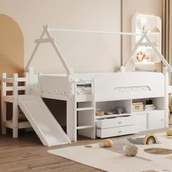 Lit cabane enfant 90x200cm - toboggan - 2 tiroirs - barrières de sécurité - blanc (matelas non inclus)
