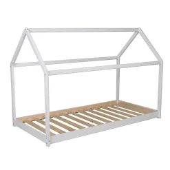 Lit cabane enfant 90x200cm bois massif PANDOU Blanc inclus sommier