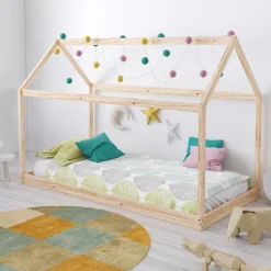 Lit cabane enfant 90x200cm bois massif PANDOU Naturel inclus sommier