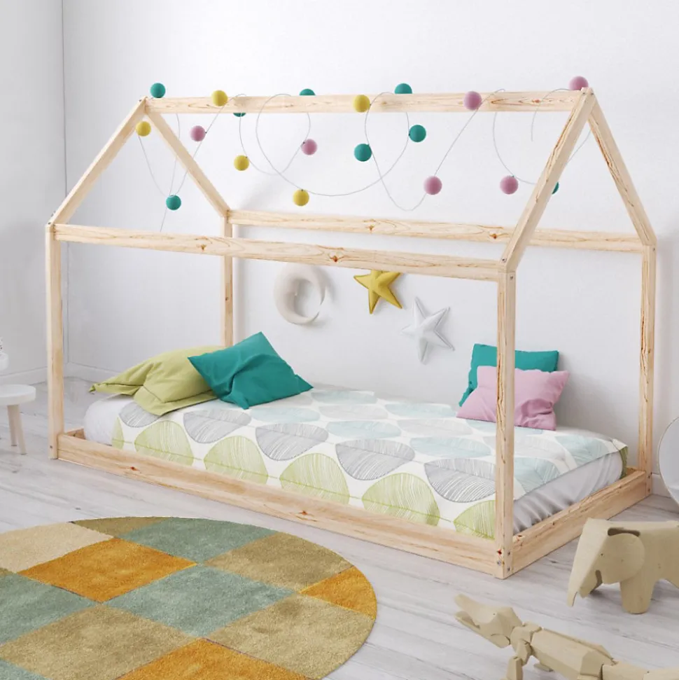 Lit cabane enfant 90x200cm bois massif PANDOU Naturel inclus sommier