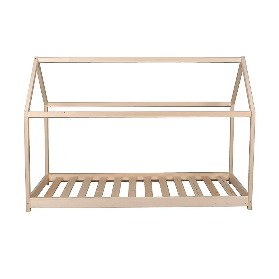 Lit cabane enfant 90x200cm bois massif PANDOU Naturel inclus sommier