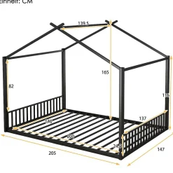 Lit Cabane Enfant 140x200cm Cadre Fer Barre Maison Noir Blackcolors