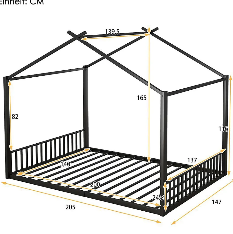 Lit Cabane Enfant 140x200cm Cadre Fer Barre Maison Noir Blackcolors