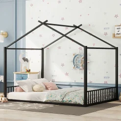 Lit Cabane Enfant 140x200cm Cadre Fer Barre Maison Noir Blackcolors