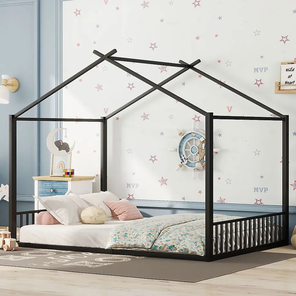 Lit Cabane Enfant 140x200cm Cadre Fer Barre Maison Noir Blackcolors
