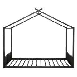 Lit Cabane Enfant 140x200cm Cadre Fer Barre Maison Noir Blackcolors