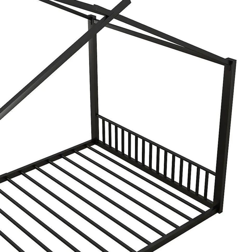 Lit Cabane Enfant 140x200cm Cadre Fer Barre Maison Noir Blackcolors